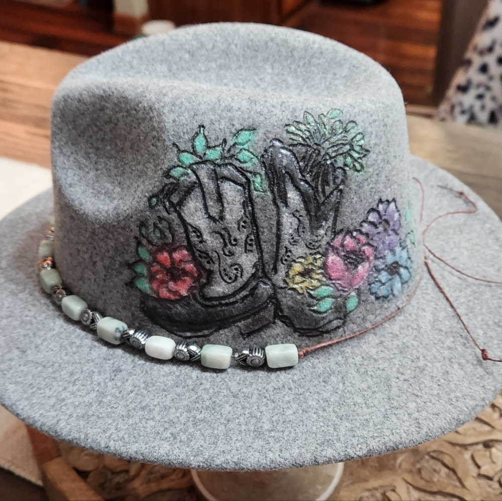 Hand Burned And Colored Gray Wool Fedora Hat
